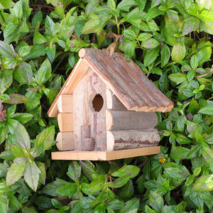 Wooden Bird House <b>Log</b> Cabin Style Hanging Indoor Outdoor Garden <b>Decoration</b> M Medium Size Natural Feel - Product Image 1