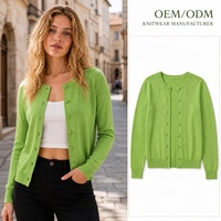 Cardigan en maille ajusté pour femme, vert, col rond, boutonné, manches longues, mélange de viscose, nouvelle collection automne 2026