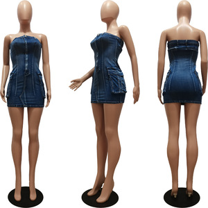 2024 estate Boutique alla moda S-2XL Jeans in Denim senza spalline vestito attillato da donna OuYaan - Product Image 5