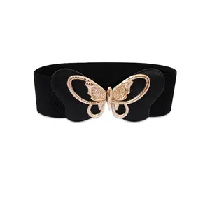 Vintage Ladies Golden Butterfly Clasp Buckle Stretch Elastic Wide Waist Belts for Dress Decoration