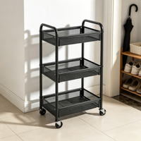 Chariot de rangement roulant moderne à 3 niveaux en métal grillagé avec crochets et porte-gobelets, chariot utilitaire à roulettes pour cuisine, salle de bain, bureau