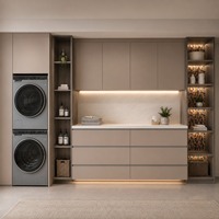 Gabinetes Personalizados para Lavandería con Espacio para Lavadora y Secadora, Almacenamiento en Cajones y Estantes Abiertos Iluminados
