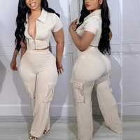 Conjunto de Verano Casual de Punto Sólido al por Mayor para Mujer: Top Corto con Cremallera y Solapa de Manga Tres Cuartos y Pantalones Cargo Acampanados de Pierna Ancha con Múltiples Bolsillos