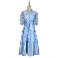 Robe longue élégante pour femme, col montant uni, col en V, manches bouffantes, taille naturelle avec ceinture, style princesse, en dentelle, pour printemps, été et automne