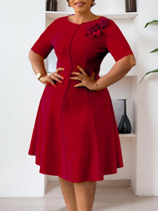 Vêtements pour femmes occidentales 2026 Nouvelle robe midi décontractée à manches courtes, couleur unie, col rond, vintage, commerce extérieur africain - Product Image 4