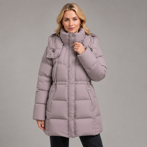 Chaqueta Larga Acolchada con Capucha para Mujer, Color Morado Claro, con Aislamiento de Plumón de Ganso de 200 Fill Power - Product Image 3