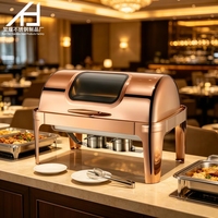Matériel hôtelier de luxe : Réchaud de buffet rectangulaire 9L en acier inoxydable or rose avec couvercle roulant pour la restauration