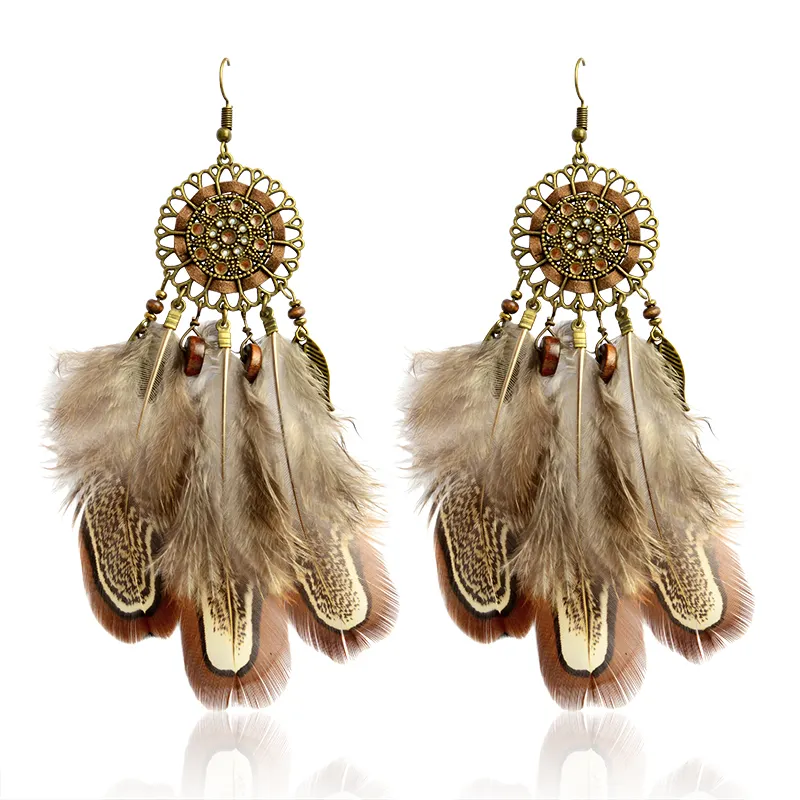 Indian Style Dreamcatcher Beads Danglers Long Feather Drop Earrings Bohemia Ethnic Vintage Charm China Earrings BOHO Jewelry