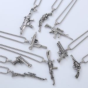 316L Stainless Steel Jewelry for Men Vintage Necklace Customizable Silver Pistol Charm Pendant Jewelry With Square Pearl <b>Chain</b> - Product Image 1