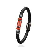 Bracelet en cuir tressé artisanal unisexe avec perles en pierre naturelle, fermoir magnétique en acier inoxydable, style minimaliste et épuré