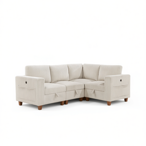 Modern L Shape Beige Corduroy Fabric Modular Sectional <b>Sofa</b> With Storage Pockets Living Room Furniture Solid Wood <b>Legs</b> - Product Image 1