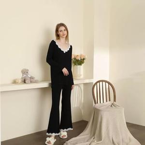Pyjama pour femmes en dentelle d'hiver solide personnalisé de haute qualité, ensemble confortable à manches longues en 2 pièces, vêtements de détente chauds, vêtements de nuit en gaufre pour femmes - Product Image 3