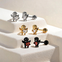 Boucles d'oreilles clous en acier chirurgical 316L Cœur d'ange Cupidon, ton or et argent, à visser, étanches, pour piercing hélix et tragus