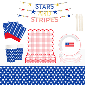 Ensemble de fournitures pour fête du 4 juillet DAMAI, kit sur le thème patriotique pour les décorations du Jour de l'Indépendance, assiettes, serviettes, gobelets, bannière, nappe - Product Image 1