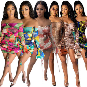 Abito Mini Plissettato Sexy da <span class=keywords><strong>Donna</strong></span> con Stampa Primaverile, Spalle Scoperte, Maniche a Campana, per Feste e Club - Product Image 6