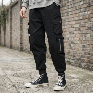 Pantalones Cargo Negros para Hombre, Cintura Elástica, Corte Holgado, Color Sólido, con Múltiples Bolsillos, para Todas las Temporadas, Ropa Casual para Exteriores - Product Image 1
