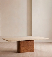 Meubles de salle à manger modernes en placage de ronce avec plateau en pierre de travertin naturel pour tables de salon
