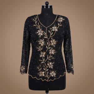 Elegant Black Gold Floral Beaded Tunic Embellished Ethnic Party Wear Top - Product Image 3