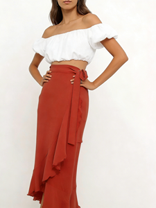 Falda Midi de Verano para Mujer Talla Grande - Falda Cruzada Roja Sandía con Dobladillo con Volantes, Perfecta para el Trabajo, Vacaciones y Citas - Product Image 4