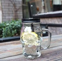 Bouteille en verre en forme de crâne de 480 ml (16 oz) avec poignée, paille et couvercle à vis – Mug à grimaces, pot à boire, bocal Mason en verre