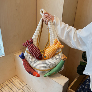 Borsa a Spalla Lavorata a Maglia con Nappa Stile Bohemien Retrò a Forma di Pesciolino Carino, Borsa Tote in Tela Traforata con Decorazione 3D a Pesce Lavorata <span class=keywords><strong>all</strong></span>'<span class=keywords><strong>Uncinetto</strong></span>, Regalo per Donna - Product Image 5