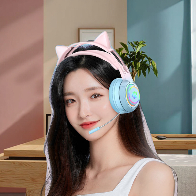 Stylish Pink Cat Gaming Headset with Foldable Mic Wireless Ear Kids Headphones for Aviation DJ Use Customizable Logo Factory