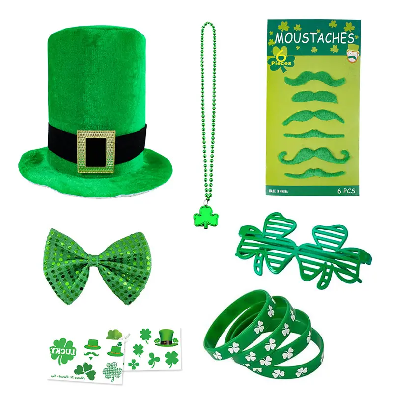 St. Patrick's Day Klee Green Hat Brille & Halskette Set Irish Beard Holiday Dekorationen Neujahr Stoff Requisiten Set