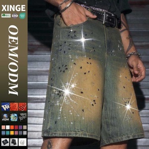 กางเกงยีนส์ขาสั้นทรงวินเทจฟอกสีซีดแบบซันดราย ลายแมวข่วน ตกแต่งด้วยคริสตัลสั่งทำพิเศษสำหรับผู้ชาย ความยาวปานกลาง - Product Image 1