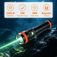 Lampe de plongée OEM ODM 2200LM avec faisceau vert 2mW, lampe torche LED magnétique rechargeable pour plongée nocturne jusqu'à 50m de profondeur