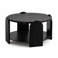 Table basse ronde noire de style mid-century avec base à panneaux texturés et étagère inférieure pour salon