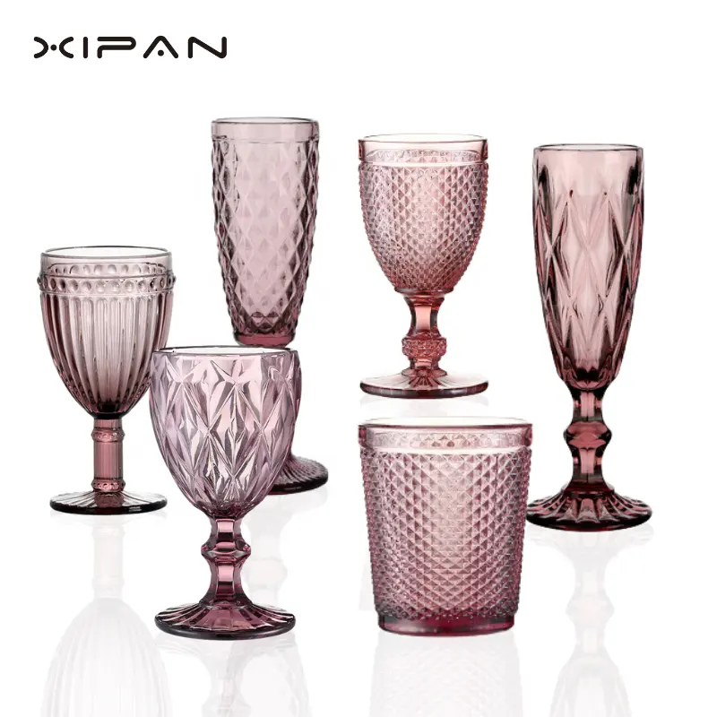 Kacamata anggur Vintage merah muda gelas merah muda timbul antik mawar mesin cuci piring aman kaca berwarna