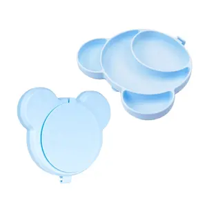 Personalize Non Smell No Spill Unbreakable Microwave Safe Divided Blue Color Kids Bear Dining Suction Plates Silicone Baby Plate