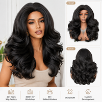 Perruque synthétique pour femme, noir jais, volume moyen, ondulations profondes, raie au milieu, résistante à la chaleur, avec racine des cheveux naturelle et ajustable