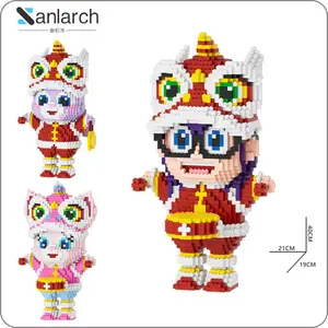 새로운 디자인 중국 스타일 DIY 중국 새해 미니 벽돌 피규어 사자 댄스 아레 마이크로 빌딩 블록 어린이를위한 장난감