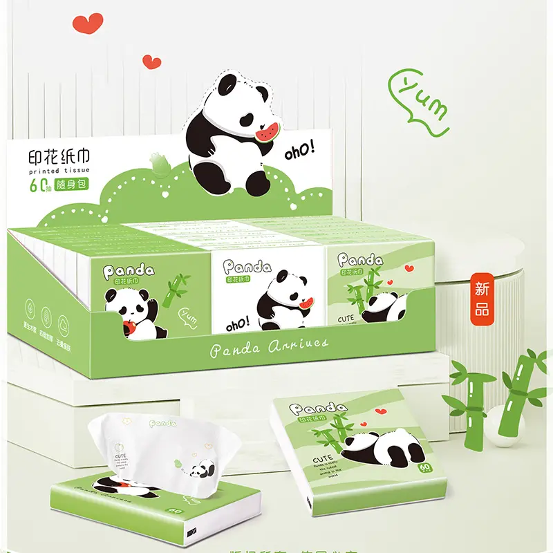 Senwen Color Printing Facial Tissues Cute Panda Soft Skin-Friendly Disposable Pocket Tissue 60 Pull Handkerchief Tissue For Kids