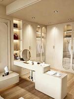 Système de rangement intelligent moderne pour dressing style crème française, avec coiffeuse intégrée, sur mesure pour toute la maison