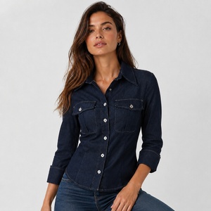 Camisa de Mezclilla para Mujer, Lavado Oscuro, Estilo Cargo, Color Sólido, Manga 3/4, Corte Regular, Informal, Verano, 220g, con Botones - Product Image 1