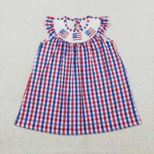 Robe d'été pour bébé fille GSD3506 RTS, motif écossais bleu et rouge, drapeau du 4 juillet, manches volantées, vente en gros - Product Image 1