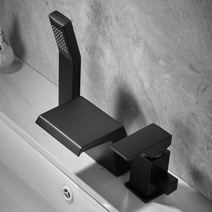 Juego de grifo de lavabo negro cromado de 3 agujeros moderno Bañera de masaje con salida de <span class=keywords><strong>cascada</strong></span> dividida con función de frío caliente de tres piezas - Product Image 2