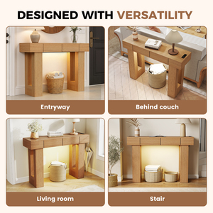 Console rustique en bois massif style ferme avec lumières LED, station de charge et 3 tiroirs, plateau épaissi, meuble pour chambre et salon - Product Image 5