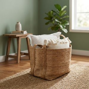 Panier de rangement en jute écologique avec poignées, tissé rustique pour vêtements et articles ménagers - Product Image 6