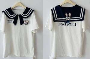 T-shirt à col marin pour <span class=keywords><strong>femme</strong></span> avec broderie de lapin, haut à manches courtes bleu marine et détail nœud blanc - Product Image 6