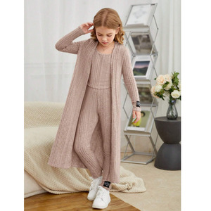 Girls Casual Outfits Set Solid Cami <b>Top</b> Open Front Coat Knitted Leggings 3Pcs for 8-12Years New Model Pants - Product Image 6