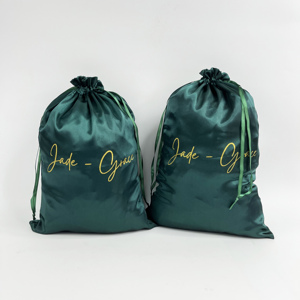 Royal Blue Satin <b>Pouches</b> with Gold Print Logo - Luxury <b>Drawstring</b> Bags for Cosmetics & Jewelry - Product Image 6
