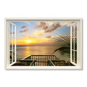 Beach Pictures Wall Art Sunset Beach Window Canvas Print for Living Room Decoration, Coastal Palm Tree Artwork Nature Theme