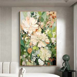 Peinture murale abstraite moderne faite à la main, texture 3D, nature morte, technique impasto au couteau, toile verticale, acrylique, Blushing Blooms - Product Image 1