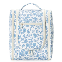 Trousse de toilette suspendue à motif floral bleu, trousse de maquillage résistante à l'eau avec 360 compartiments °   Grande trousse de toilette de voyage avec crochet métallique rotatif
