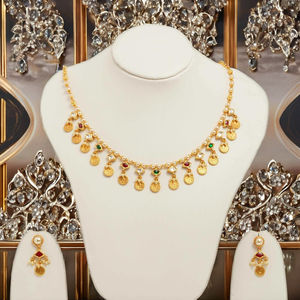 Gold Plated <b>Pearl</b> Chain Coin <b>Necklace</b> Set With Red Green Stones <b>And</b> Matching <b>Earrings</b> Traditional Wedding Jewelry - Product Image 3