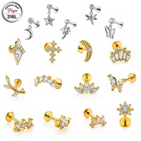 Boucles d'oreilles pendantes Freya en acier inoxydable 316L avec zircon cubique, à visser, pour piercing hélix, tragus, labret, pour femme