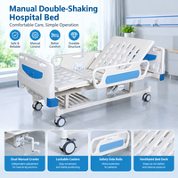 Lit médical à double manivelle pour soins à domicile, sections dossier et repose-jambes, manuel, avec plateau ventilé en ABS, insert bleu, rails pliants et roulettes verrouillables